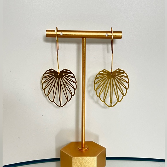 Gold Delicate Leaf Earrings - Long Minimalist Brass Earrings - Picture 8 of 11